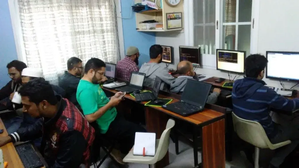 Students practising on computers in an early Sherdil lab, 2017