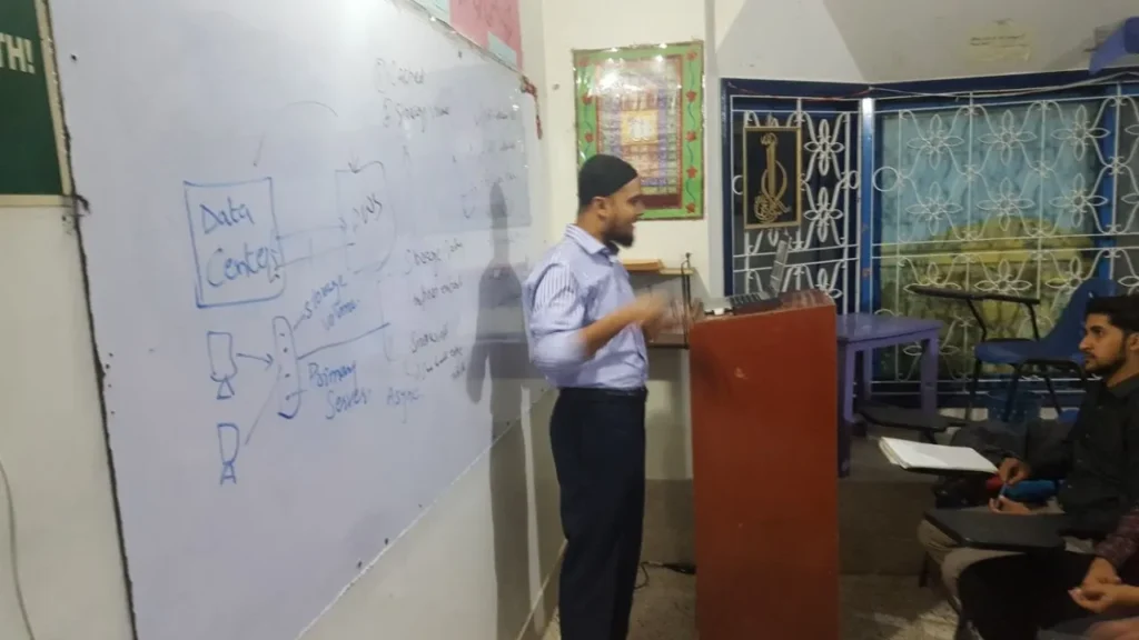 Instructor teaching at a whiteboard in an early Sherdil class, 2017