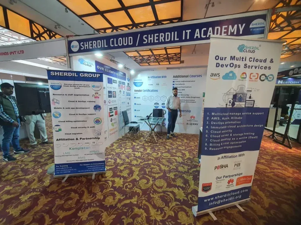 Sherdil Cloud and Sherdil IT Academy booth with service banners, ITCN Asia 2023