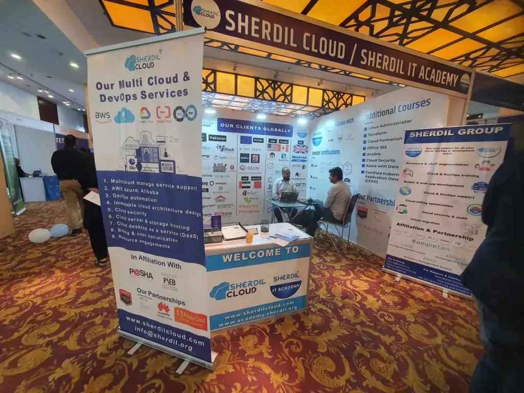Welcome desk of the Sherdil Cloud and Sherdil IT Academy booth, ITCN Asia 2023