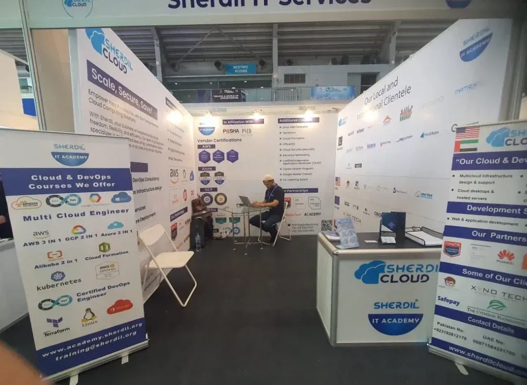 Sherdil IT Services booth with course banners, ITCN Asia 2024 Lahore