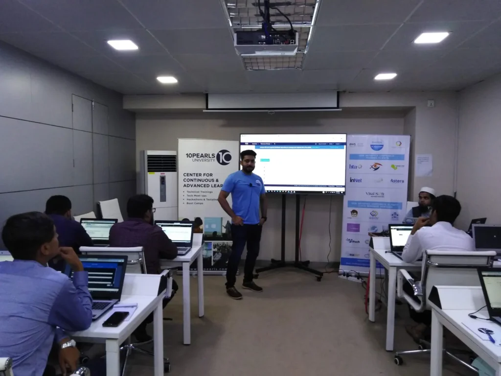AWS hands-on session in a computer lab at 10Pearls, July 2019