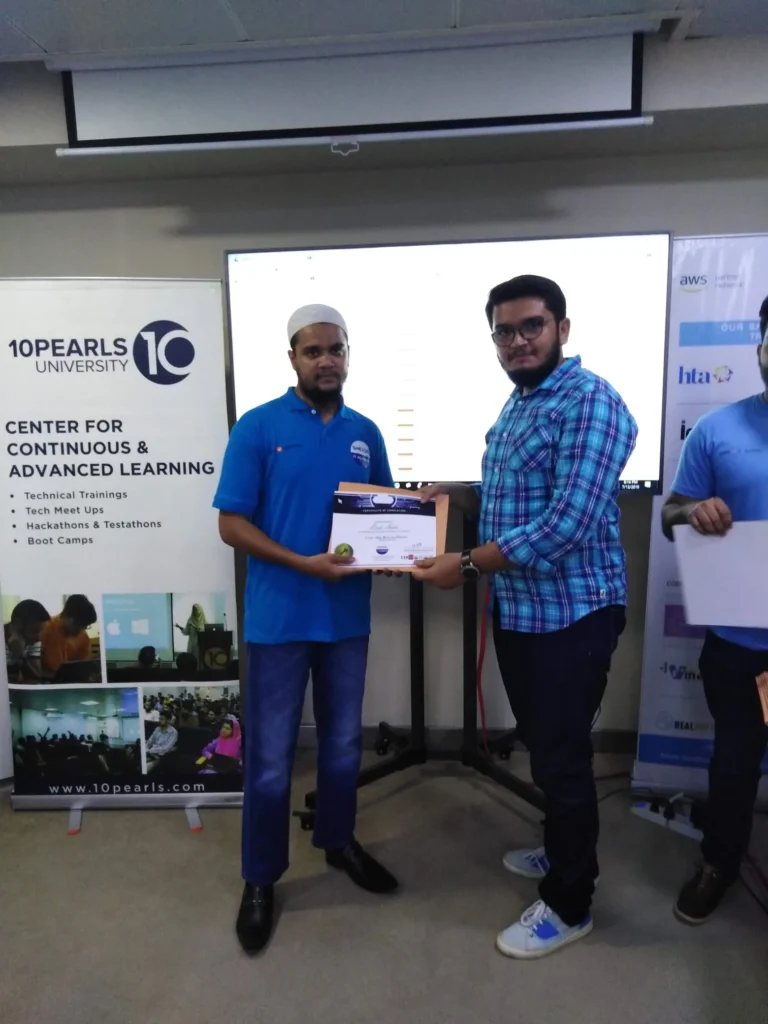 Certificate presented after the AWS session at 10Pearls, 2019