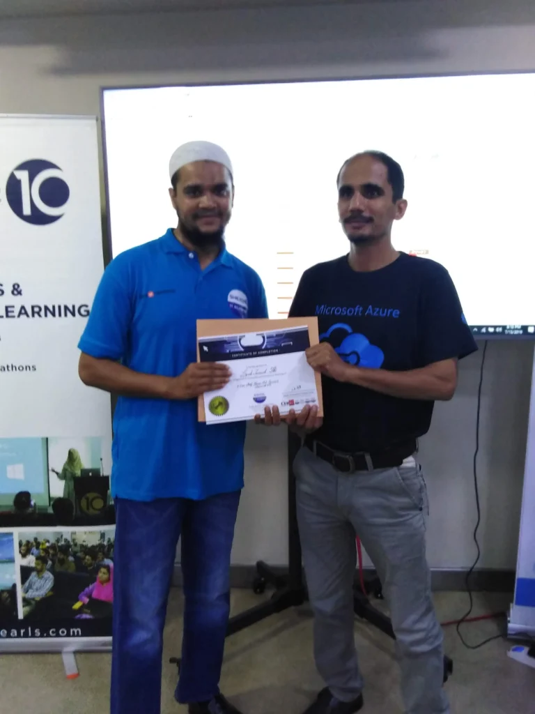 Participant receiving a certificate, AWS session at 10Pearls 2019