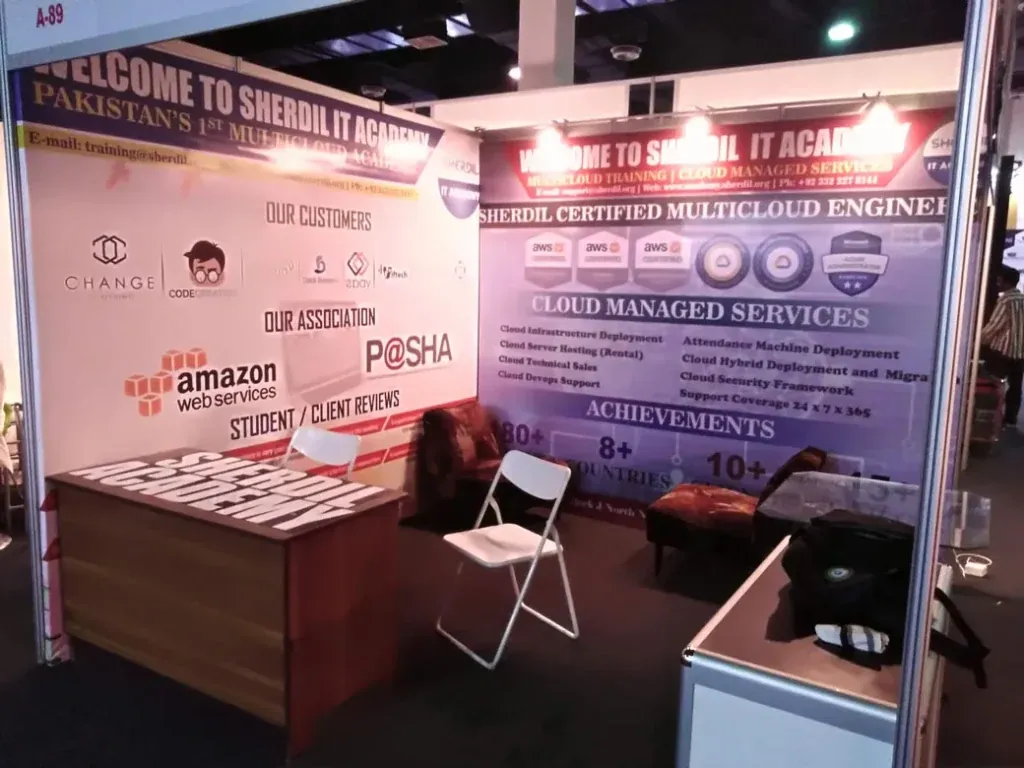 Sherdil IT Academy stall with P@SHA and AWS association banners, ITCN Asia 2019