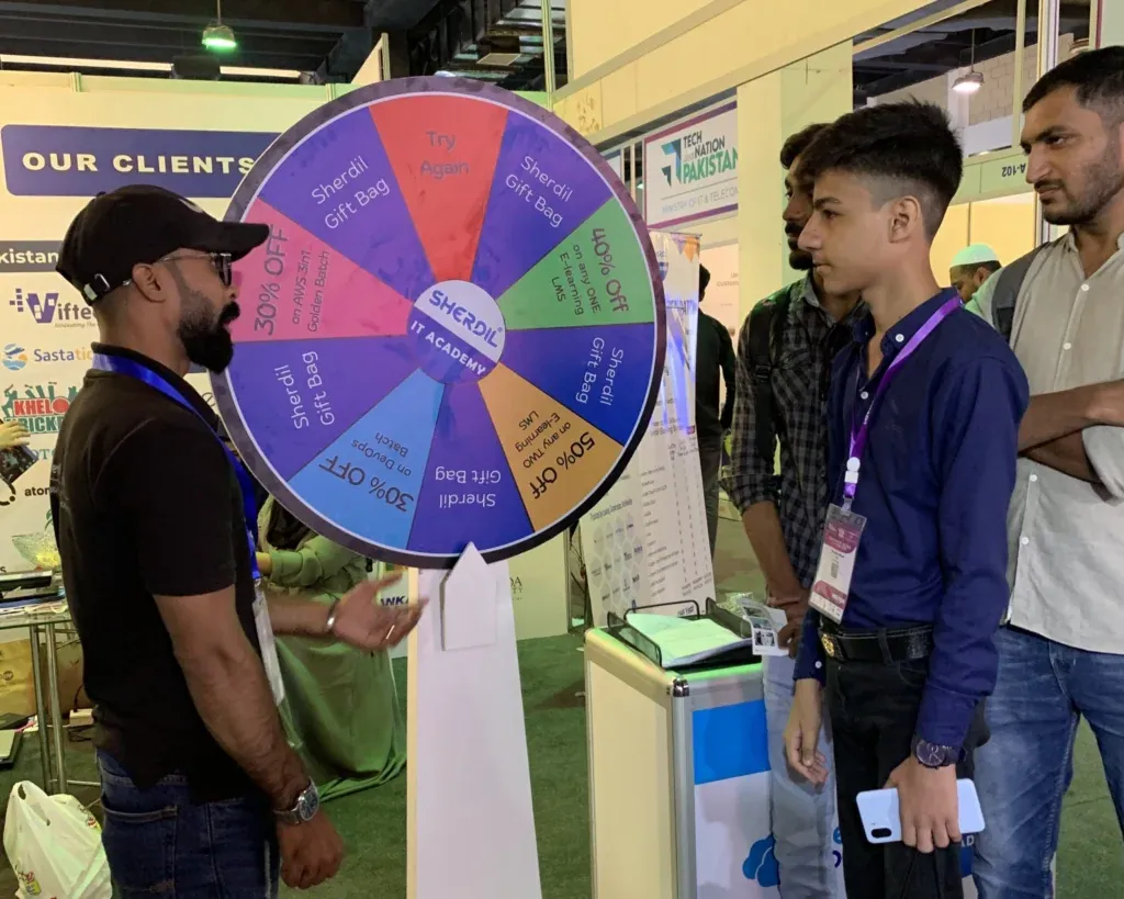 Visitors around the Sherdil spin-the-wheel game, ITCN Asia 2025 Karachi