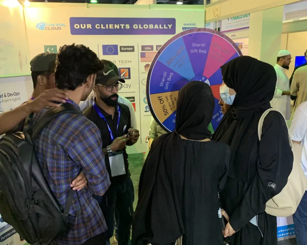 Visitors spinning the prize wheel at the Sherdil booth, ITCN Asia 2025