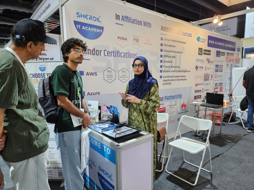 Students asking about vendor certifications at the Sherdil IT Academy booth, ITCN Asia 2026