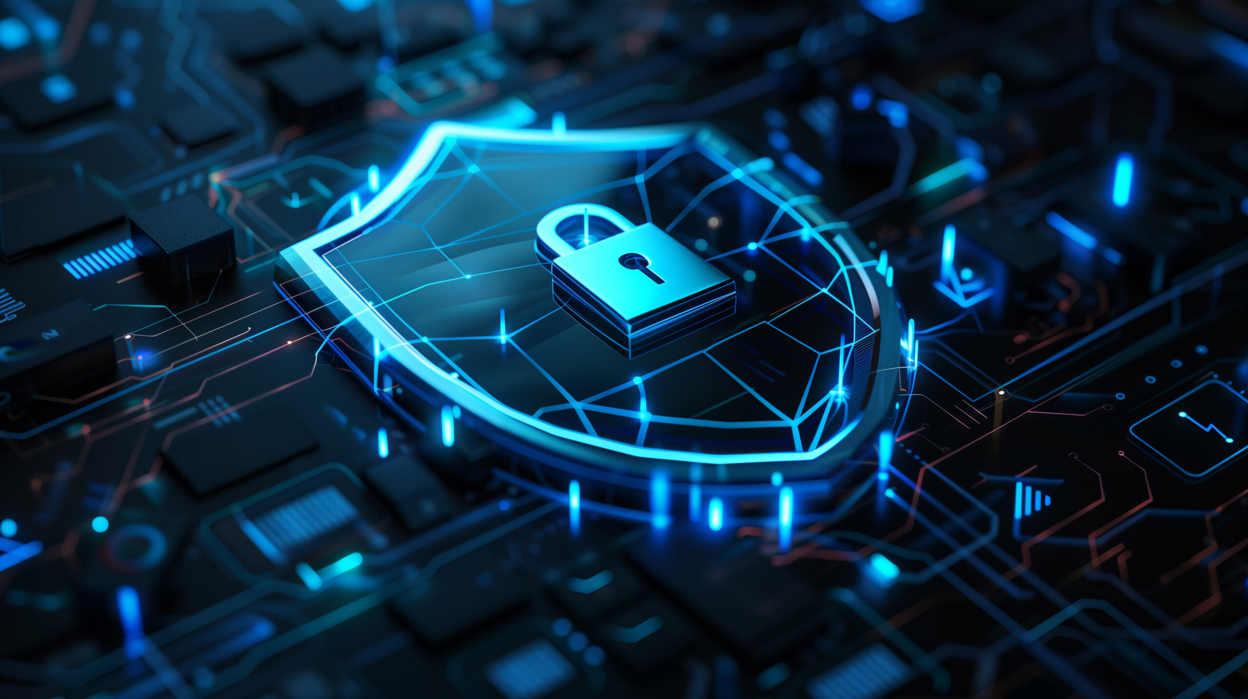 A glowing 3D cybersecurity shield with a padlock on a digital circuit board, representing the importance of choosing the right cyber security course in Karachi in 2026.